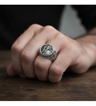 Unisex Ασημένιο Χειροποίητο Δαχτυλίδι Με Τον Αρχάγγελο Μιχαήλ