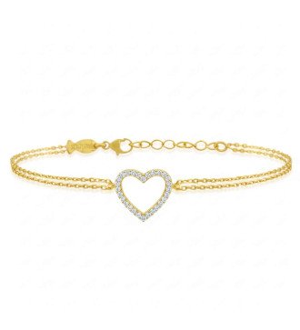 Silver Heart Bracelet With White Zircons And Double Gold Chain