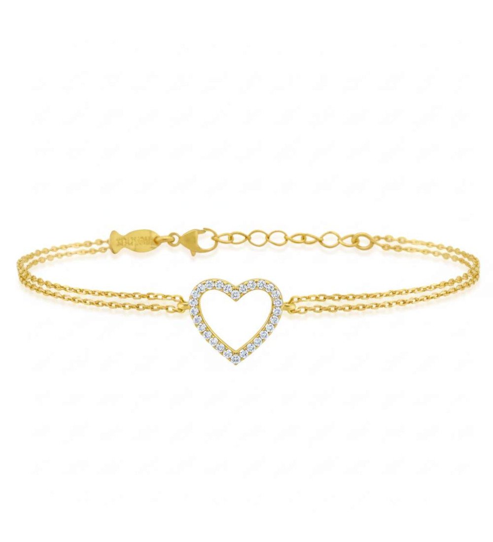 Silver Heart Bracelet With White Zircons And Double Gold Chain