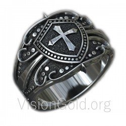Недорогое серебряное кольцо ручной печатка работы со щитом и символами Креста - защитное кольцо   0028