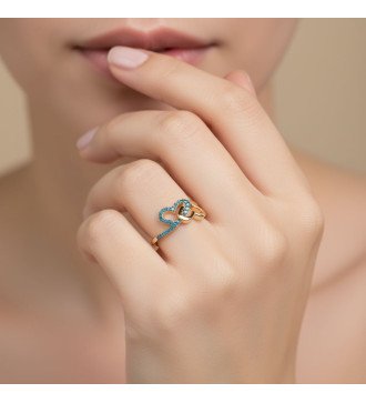 9k Gold Ring With Double Heart And Blue Zircon 0673KMPP