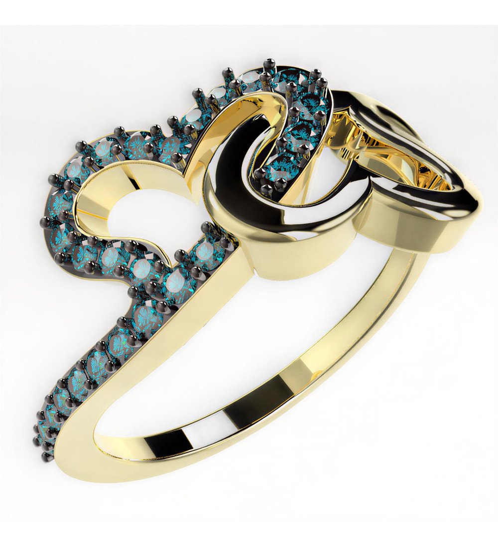 bague en or 9k avec double coeur et zircon bleu 0673KMPP