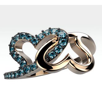 Women's 9 Karat Rose Gold Ring With Two Hearts And Blue Zircon