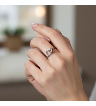 Bague pour femme en or rose 9 carats avec deux cœurs et zircon