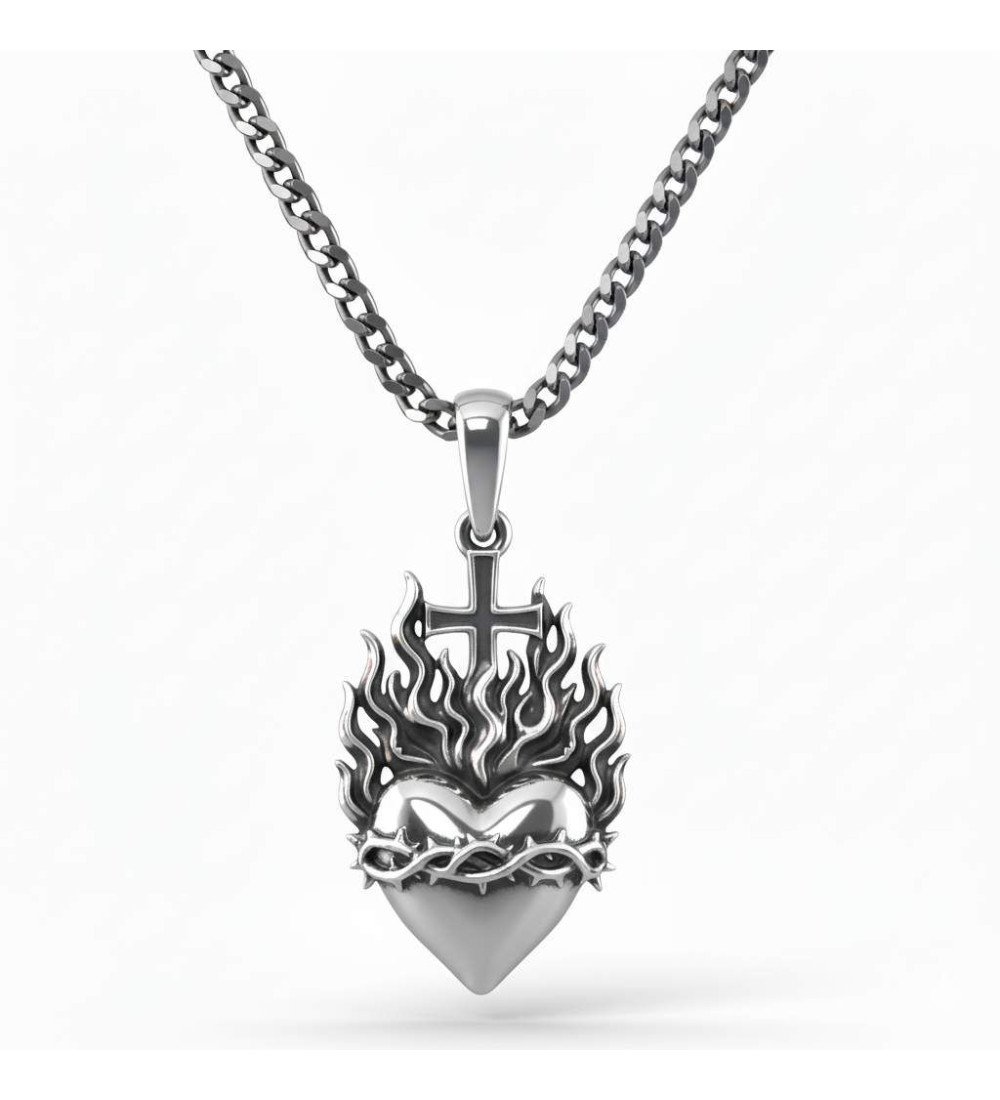 Pendentif Sacré-Cœur avec flammes et couronne d'épines 0569