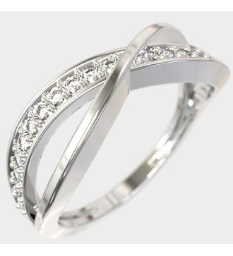 Dünner Crossover 9 Karat Weißgold Ring mit weißen Steinen 0649L