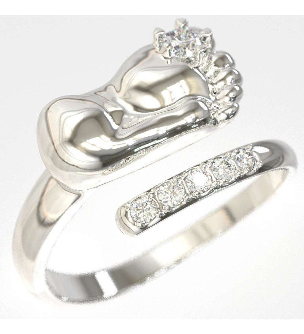 Romántico Regalo de Nacimiento Anillo de Oro Blanco Pies de