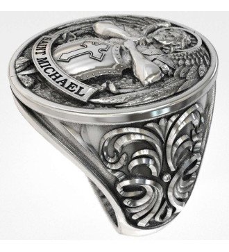 Christian Men's Silver Signet Ring Amulet With Archangel