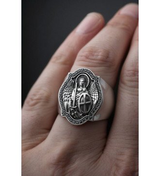 Cadeau chrétien Bague chevalière en argent St Michel avec
