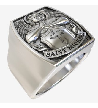 Anello Signet da uomo in argento cristiano con arcangelo