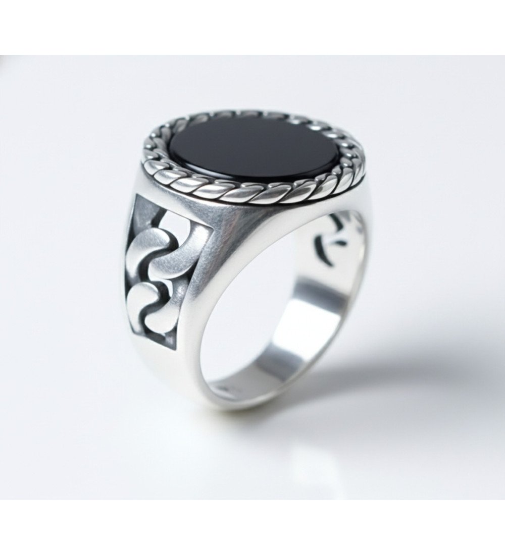 Bague pour homme en argent avec pierre noire et chaîne 1053