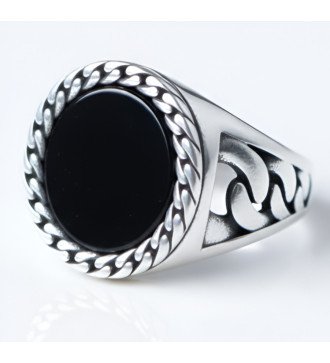 Bague pour homme en argent avec pierre noire et chaîne 1053