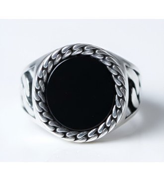 Bague pour homme en argent avec pierre noire et chaîne 1053