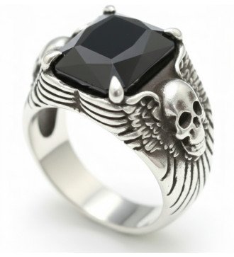 Rock Biker Style Skull Ring with Black Stone for Men 1064