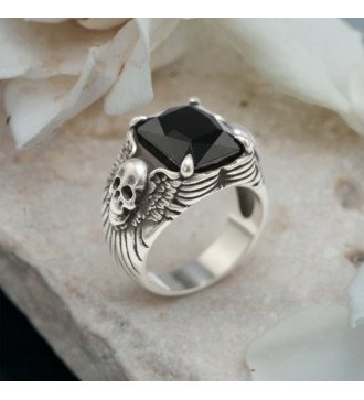 Rock Biker Style Skull Ring with Black Stone for Men 1064