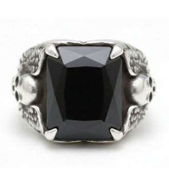 Anello Rock Biker Style Skull con pietra nera per uomo 1064