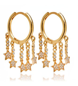 Silber Damen Hoop Ohrringe 19mm mit hängenden Sternen Gold