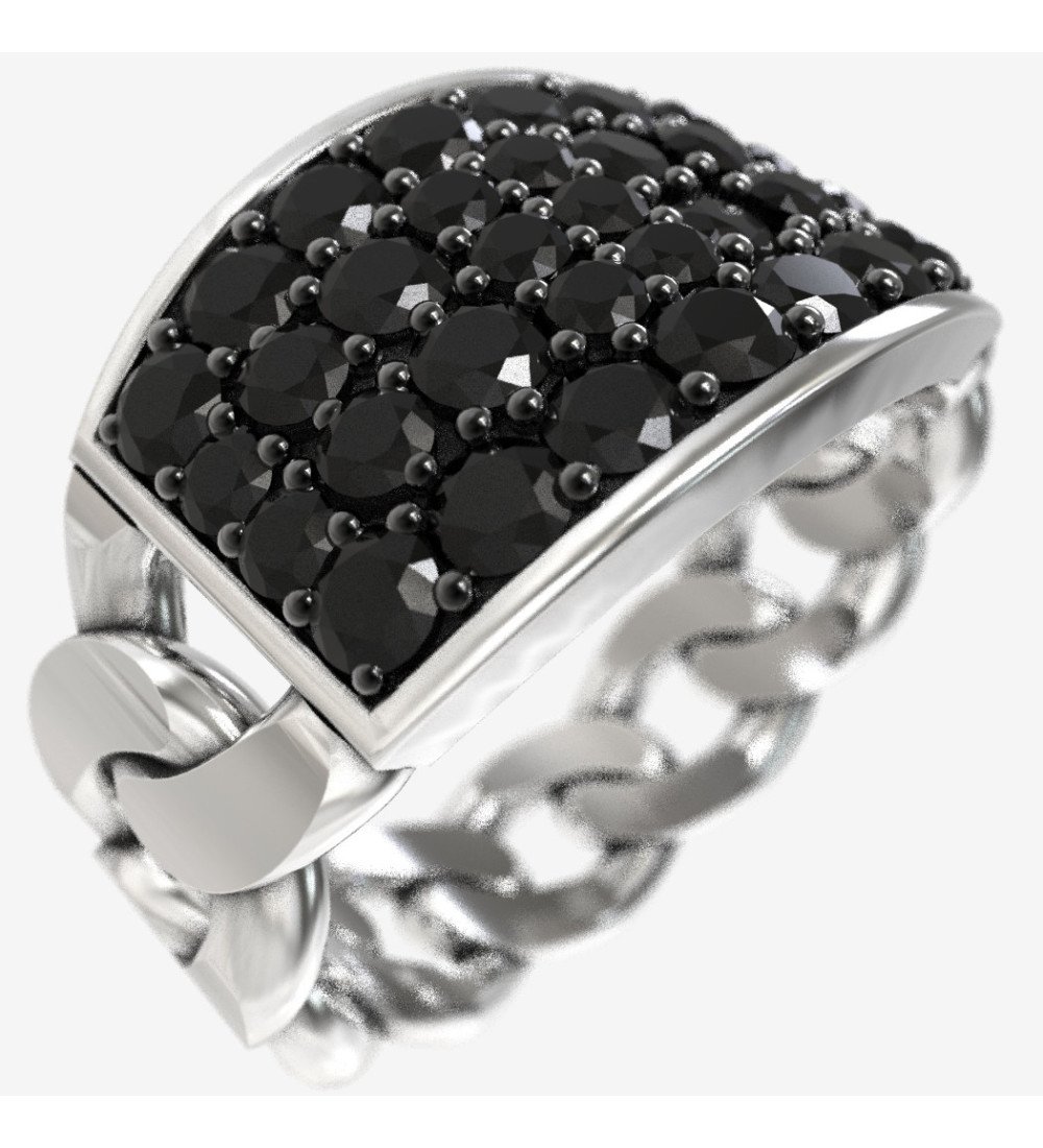 Ασημένιο Ανδρικό Δαχτυλίδι Με Σχέδιο Αλυσίδας Με Μαύρες Ζιργκόν