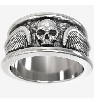 Argent Biker Jewelry Bague tête de mort avec ailes texturées