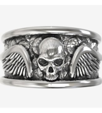 Argent Biker Jewelry Bague tête de mort avec ailes texturées