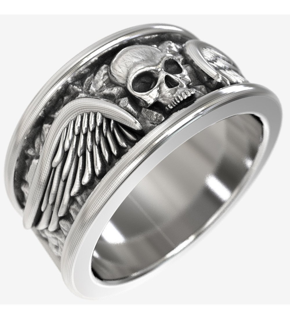 Silber Biker-Schmuck Totenkopf Ring mit strukturierten Flügeln