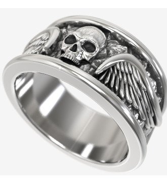 Argent Biker Jewelry Bague tête de mort avec ailes texturées
