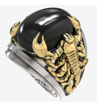 Ανδρικό Ασημένιο Δαχτυλίδι με Μαύρη Πέτρα & Σκορπιούς 0773