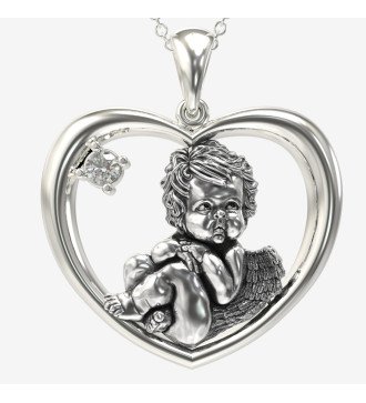 New Mom Gift Silver Heart Necklace with Baby Angel 0989L