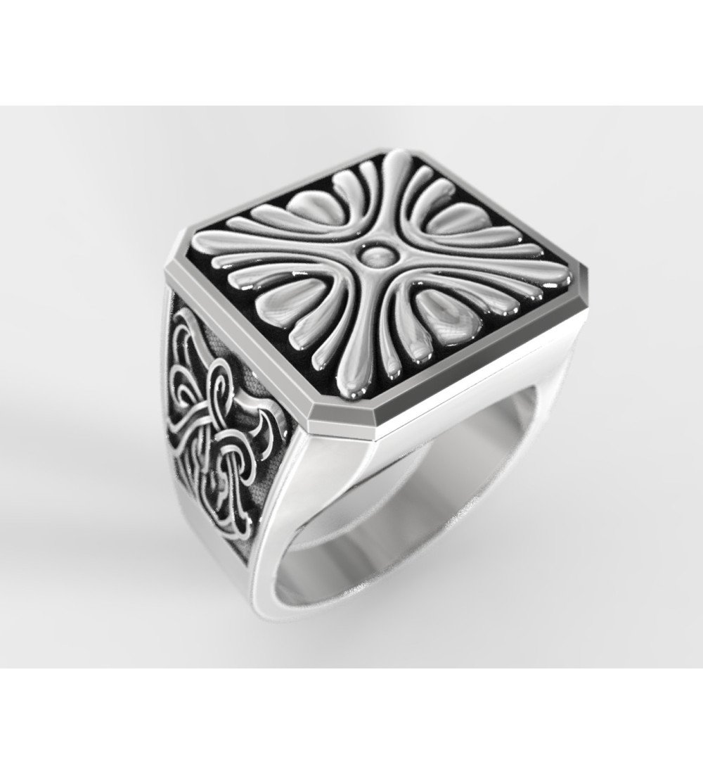 Silver Square Mens Signet Ring With Oxidized Ornate Patterns