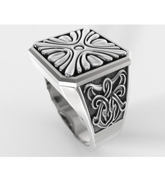Silver Square Mens Signet Ring With Oxidized Ornate Patterns