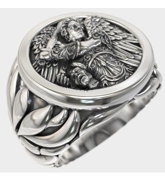 Silver Christian Men's Signet Ring With Archangel Michael 0661