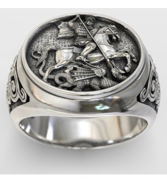 Anello con sigillo in argento stile bizantino San Giorgio il