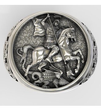 Anello con sigillo in argento stile bizantino San Giorgio il