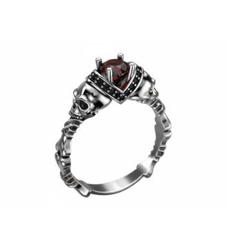 Rock Men's Silver Biker Ring with Natural Garnet Skulls n Bones