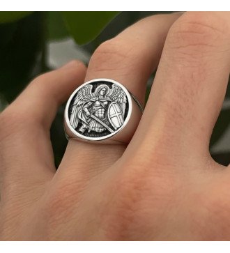 Handmade Christian Men's Silver Signet Ring with Archangel