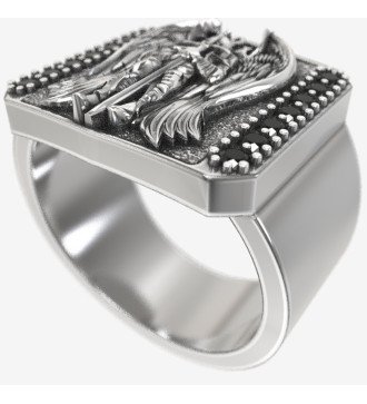 Anello da uomo in argento con arcangelo Michele e pietre nere