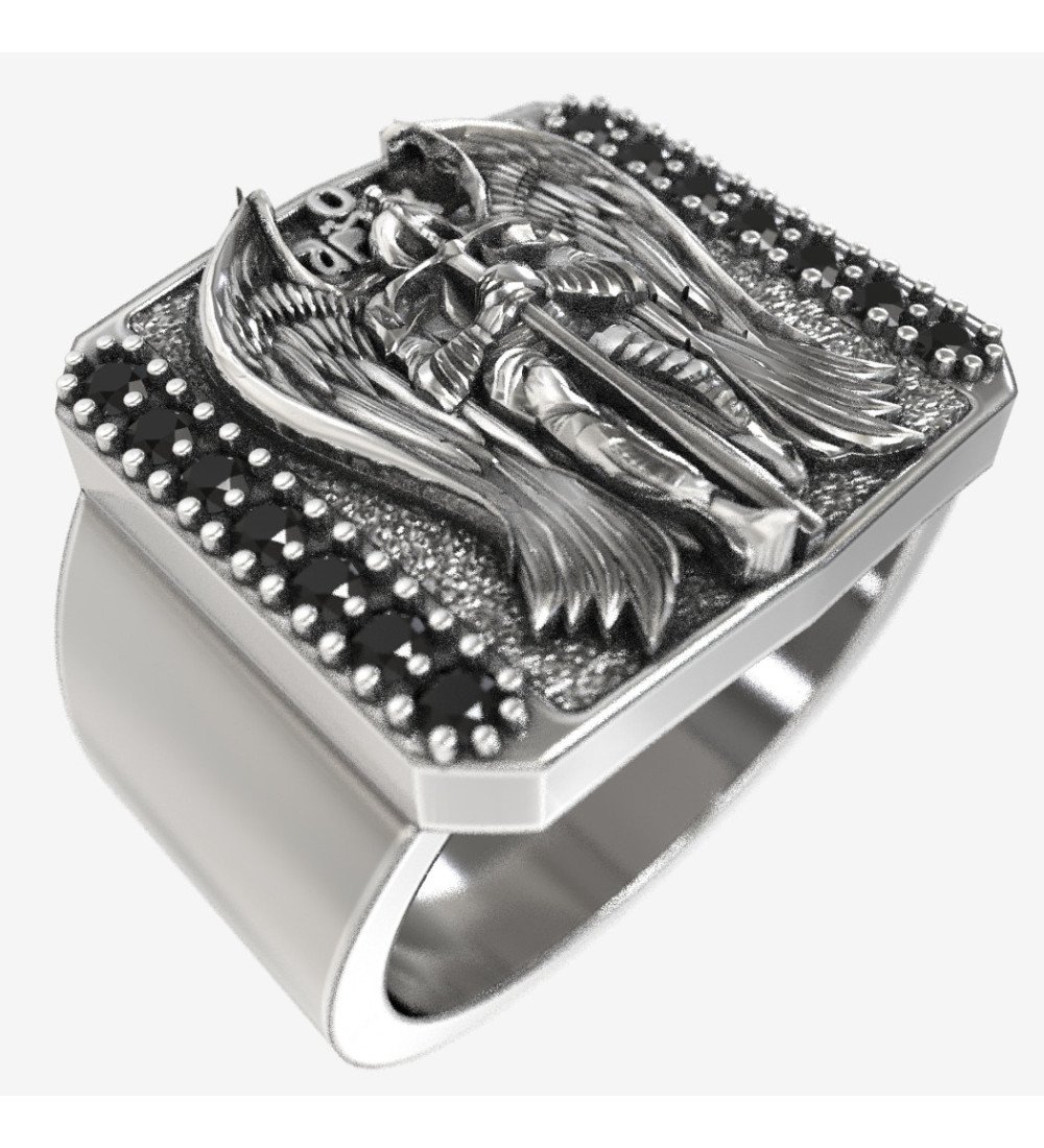 Bague chevalière en argent pour homme avec l'archange Michel et