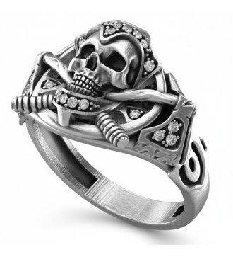 Anello da uomo in stile rock con teschio a manubrio e zirconi