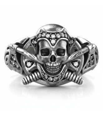 Rock Style Mens Ring With Skull Handlebar And Sparkling