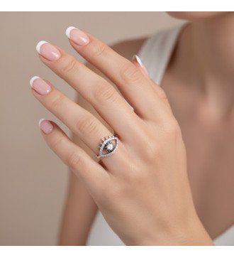 Γυναικείο Δαχτυλίδι Μάτι Χρυσό 9Κ με Λευκές και Μαύρες Πέτρες