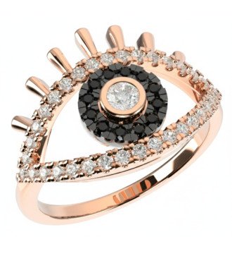 Womens Eye Ring 9K Gold with White and Black Zircon Stones