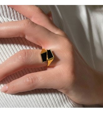 Love Gift Silver Chevalier Ring with Black Enamel Onyx Gold 0499