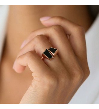 Bague Chevalier luxueuse en argent or rose avec émail noir pour