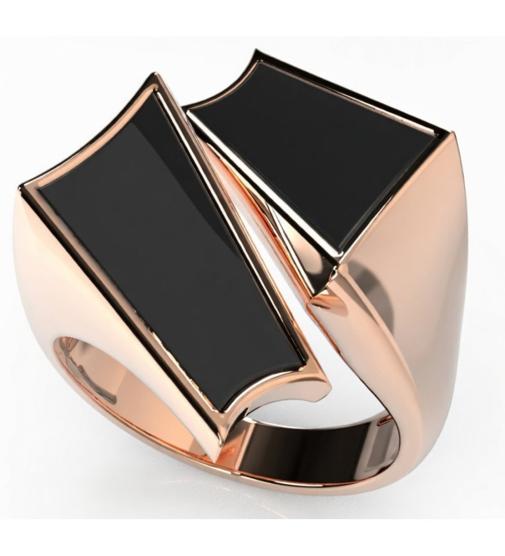 Luxurious Chevalier Ring Silver Rose Gold with Black Enamel for