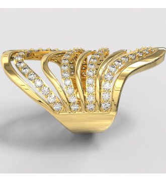 Zilveren lange golvende damesring met geelgouden platen en