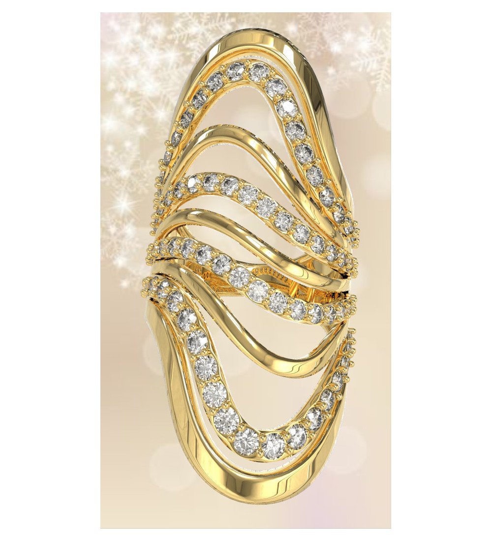 Silver Long Wavy Women's Ring with Yellow Gold Plating and