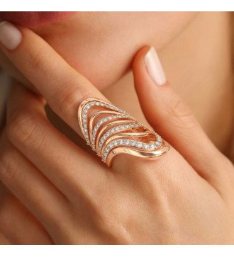 Zilveren golvende lange ring met roségoud en witte zirkonen