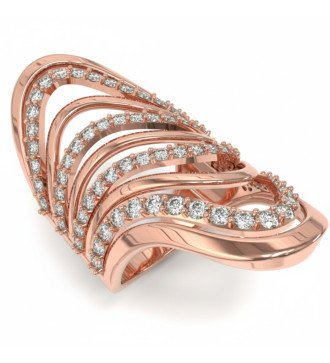 Anneau long ondulé argenté avec plaquage or rose et zircons