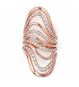 Zilveren golvende lange ring met roségoud en witte zirkonen