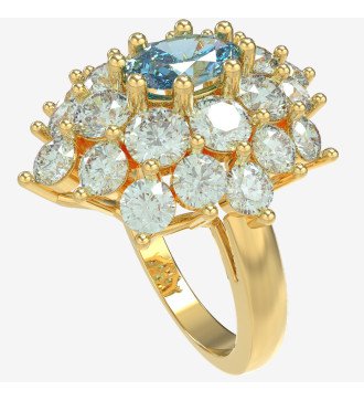 Indrukwekkende dames rosette ring 9K gouden aquamarijn en witte